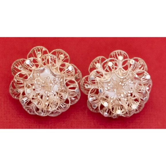 Vintage Intricate Sterling Silver Stylish Floral Stud Earrings - F48 - Picture 2 of 3